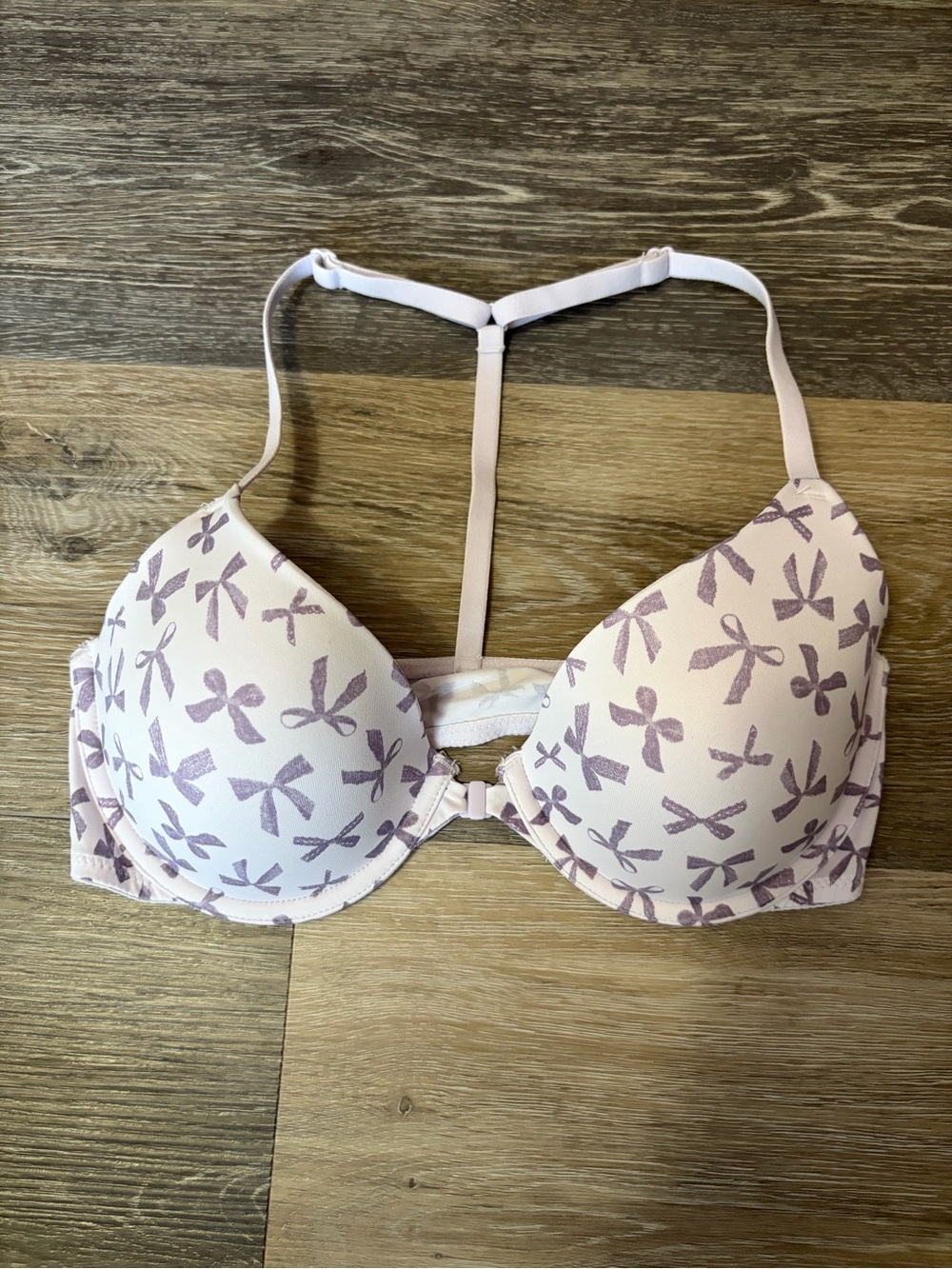 PINK Victoria's Secret Pale Pink Bow-Print T-Back Push-Up Bra